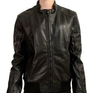 Scuderia Ferrari Women's Black Perforated Leather Bomber Jacket US L IT 44